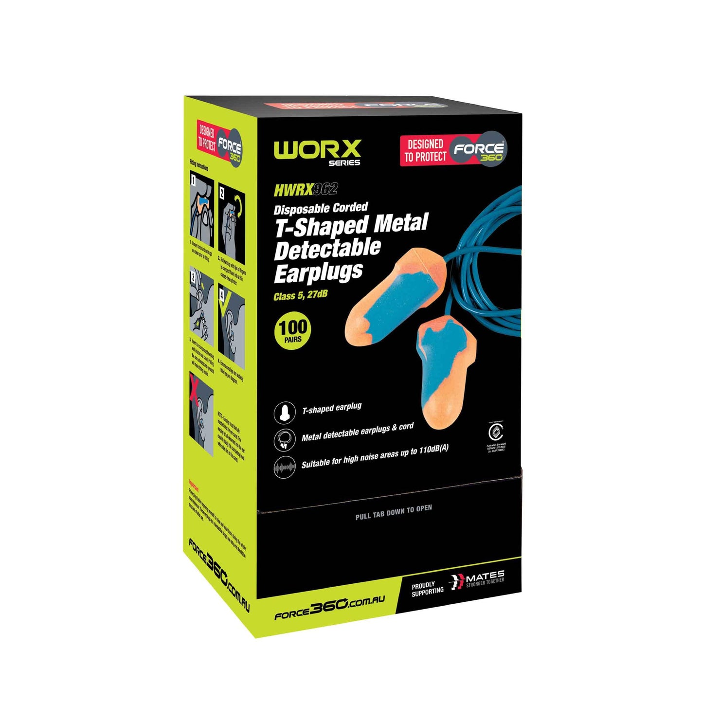 Force360 T-Shaped Metal Detectable Corded Disposable Earplugs - 100 pairs