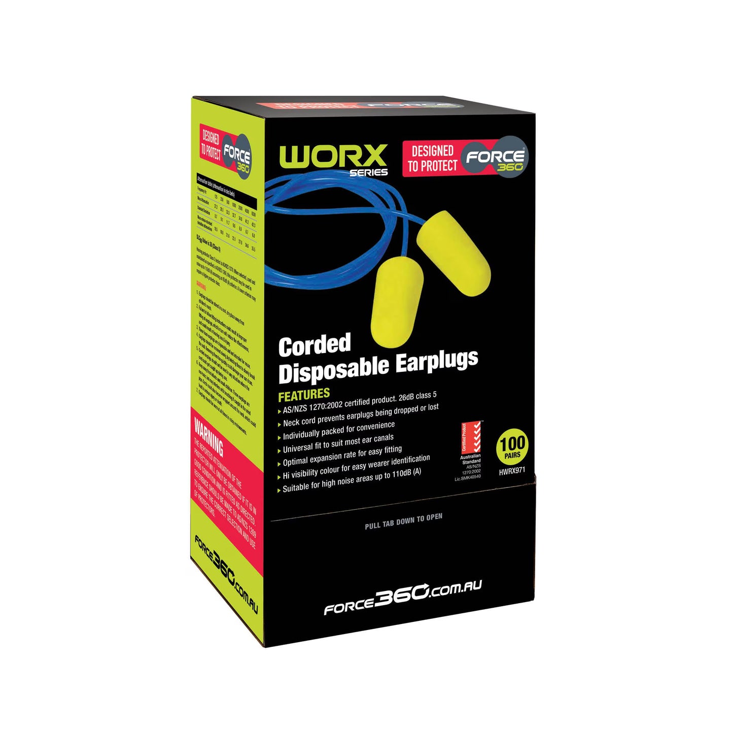 Force360 Bullet Shaped Corded Disposable Earplugs - 100 pairs