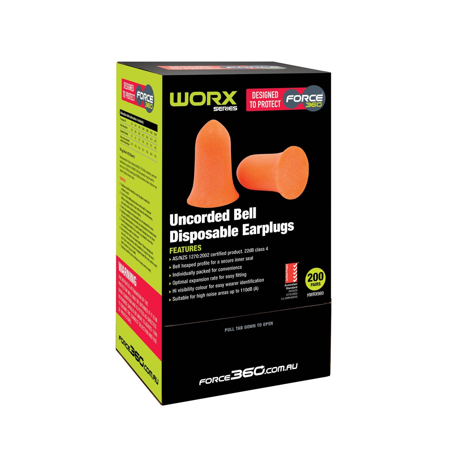 Force360 Bell Shaped Uncorded Disposable Earplugs - 200 pairs