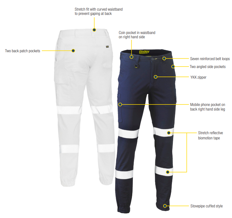 Bisley Night White Taped Biomotion Stretch Cotton Drill Cargo Cuffed Pants