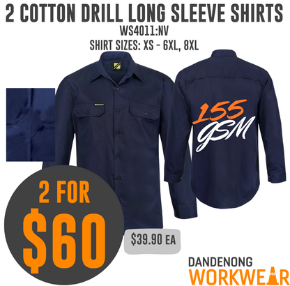 BUNDLE BUYS - 2 x Workcraft Lightweight Cotton Drill Long Sleeve Shirt