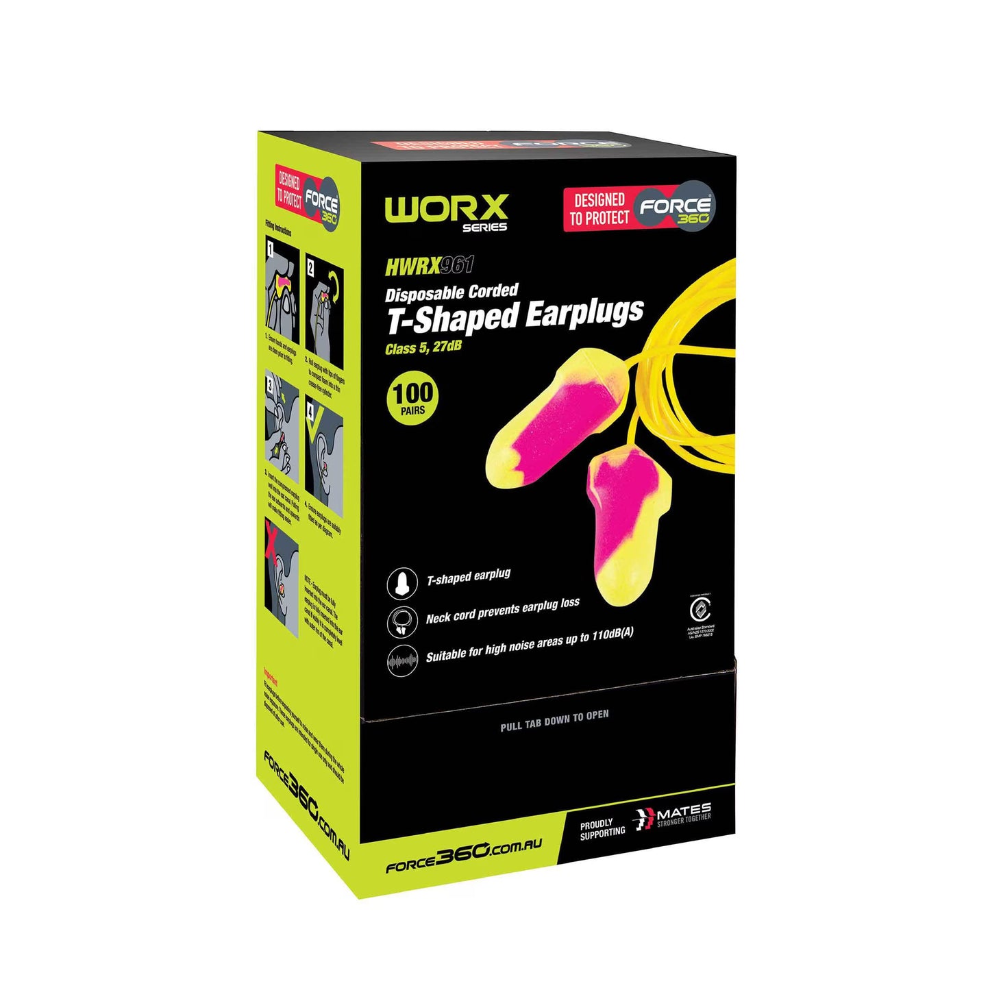 Force360 T-Shaped Corded Disposable Earplugs - 100 pairs