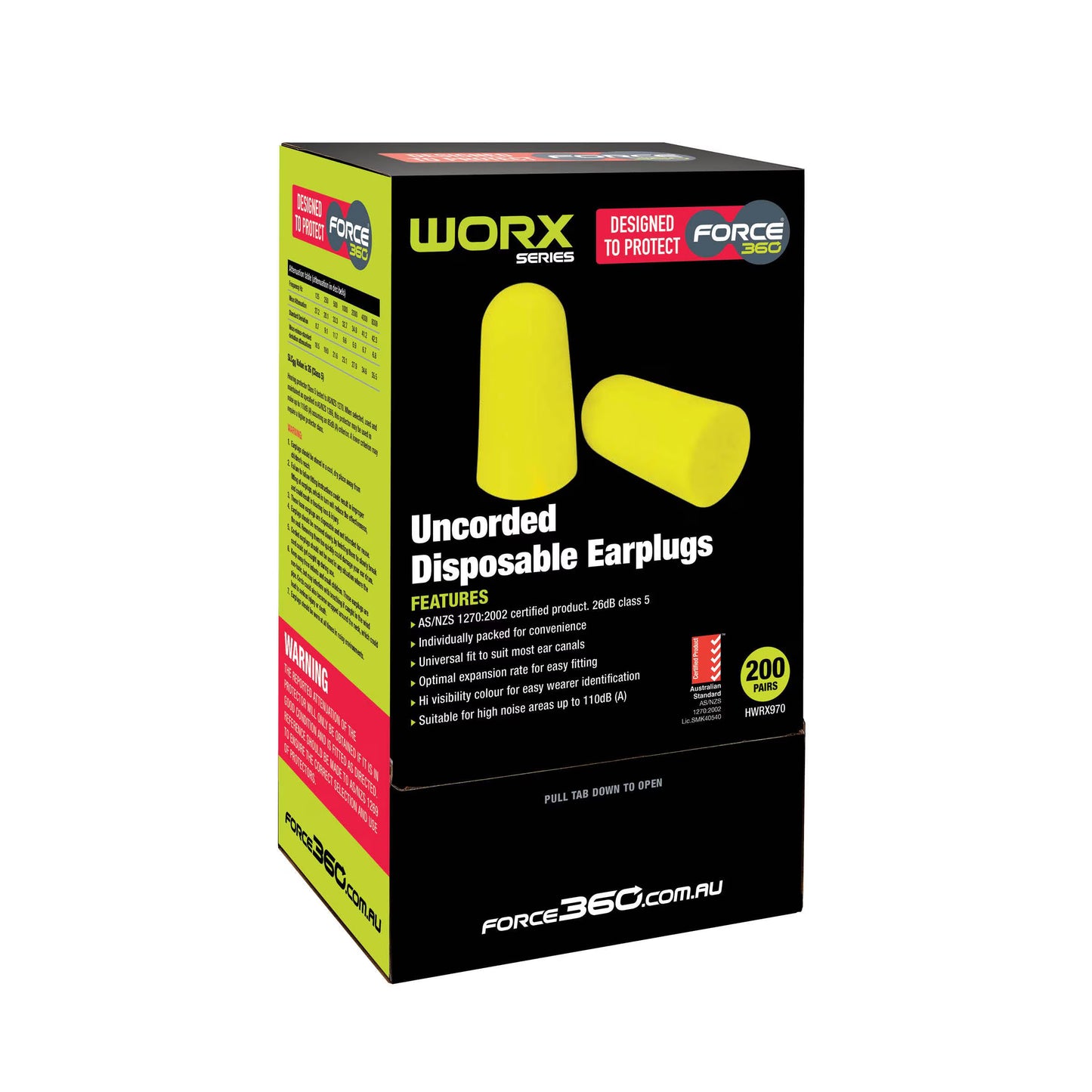 Force360 Bullet Shaped Uncorded Disposable Earplugs - 200 pairs