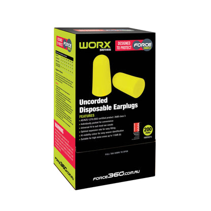 Force360 Bullet Shaped Uncorded Disposable Earplugs - 200 pairs