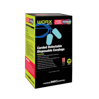 Force360 Foodsafe Metal Detectable Corded Disposable Earplugs - 100 pairs